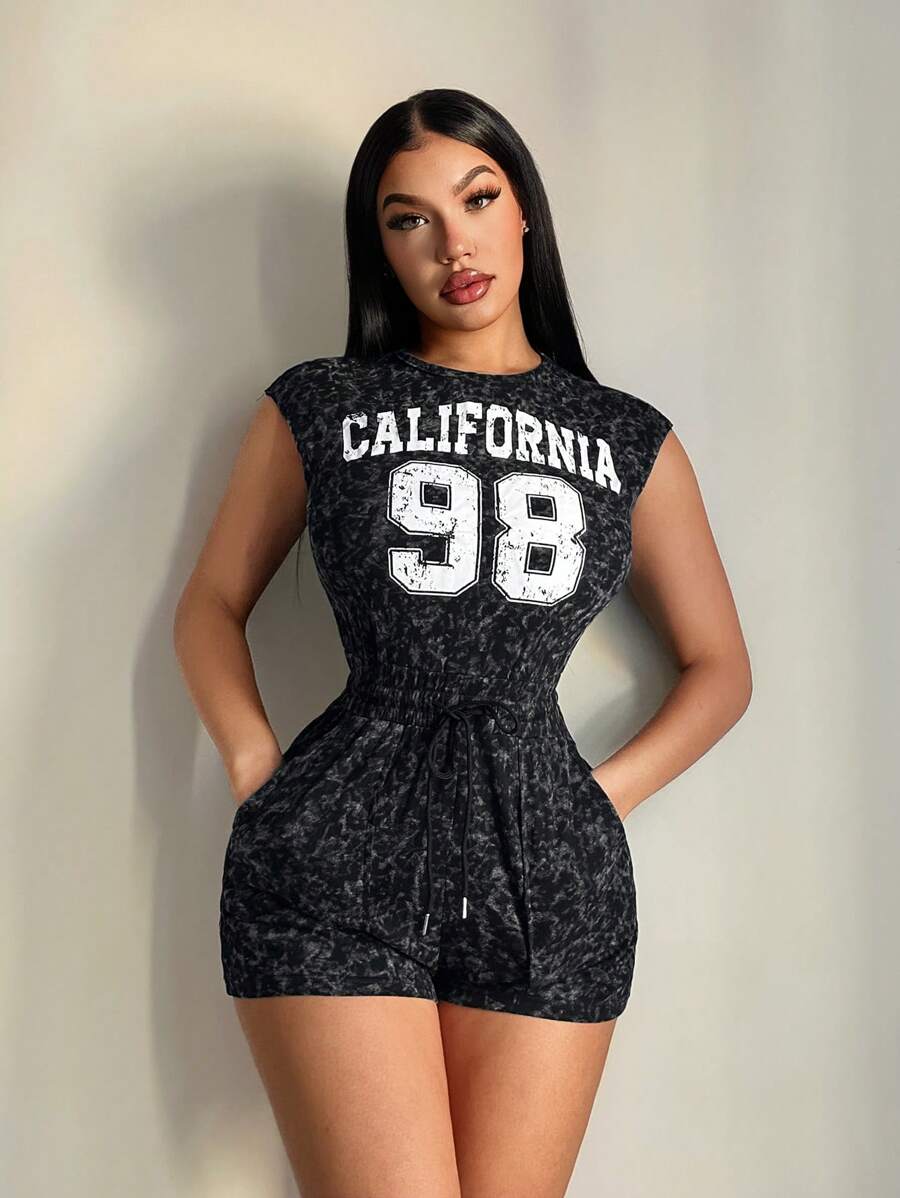 SHEIN SXY 街头风格破洞数字印花无袖连体裤，女式连体裤，Y2k，女式外出上衣，女式街头服饰，女式夏季连体裤，女式连体裤，短款连体裤，休闲连体裤 - 灰色 - 查看 1