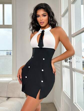 Fantasy Costume Women's Contrast Color Double Breasted Halter Dress Costume