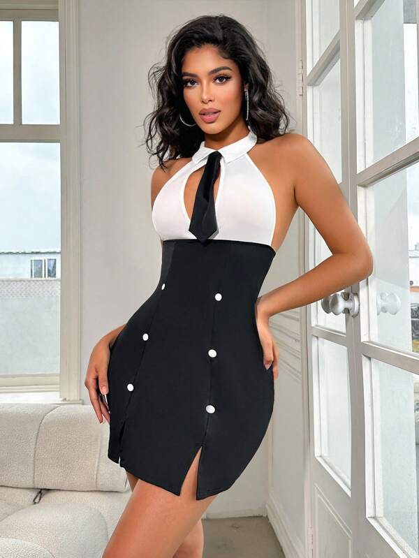 Fantasy Costume Women's Contrast Color Double Breasted Halter Dress Costume