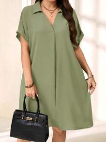 EMERY ROSE Plus Size Solid Color Collared Short Sleeve Casual Mini Dress, Minimalist Style,Summer Outfits For Women - Mint Green - View 1
