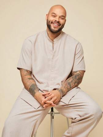 EASEVO Plus Size Men's Casual Woven Short Sleeve Shirt And Pants Set