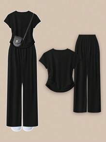 SHEIN MOOSTA Set da 2 pezzi composto da t-shirt a maniche corte con collo rotondo e plissettatura irregolare, e pantaloni a gamba ampia, in tinta unita, casual, multifunzionale, morbido, adatto per vacanze estive e uso quotidiano