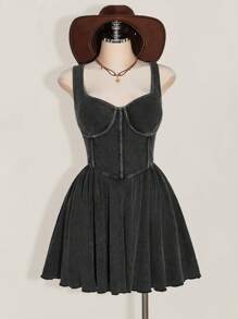 SHEIN ICON Plus Size Square Neck Bust Cup Divided Waist Knit Dress, Suitable For Everyday, Y2K, Back To School, Boho, Summer Dress