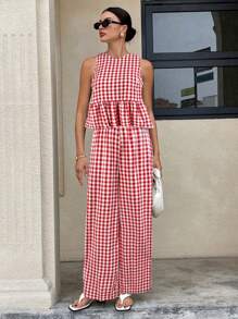 Siren Gaze Boho Chic Summer Outfits For Women 2025: Plaid Gingham Ruffle Hem Sleeveless Open Back Blouse & Wide-Leg Palazzo Pants Set - Vacation, Festival, Beach Resort Casual Two Pieces Ensemble With Breathable Linen-Like Fabric Gingham Jumpsuit Gingham Outfit Checkered Jumpsuit Red Gingham Outfit Picnic Outfit Christmas - Red and White - View 6