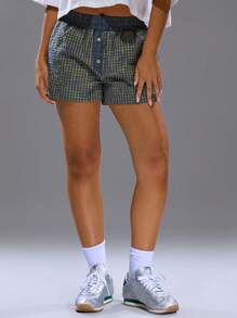 MUSERA Linen Look Check Plaid Mini Button Elasticated Waist Shorts Spring Summer Streetwear Y2k Cool Girl Beach Western City Muse Vacation