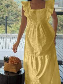 DAZY Camisón de dama con volantes y detalles de lazo bordados a máquina de estilo romántico, Moo Moo - Amarillo - Ver 3