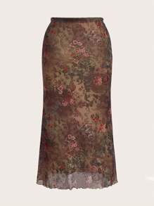 SHEIN x PRISCILA & JIMENA ROMWE PUNK 頹廢搖滾花和佩斯利圖案木耳邊網紗覆蓋魚尾短裙