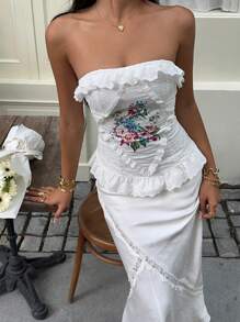 Sunnyshic Top de tirantes bordado con estampado floral elegante sin espalda