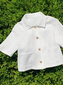 SHEIN EZwear Women Solid Color Raglan Sleeve Short Sleeve Single Breasted Casual Pocket Jacket