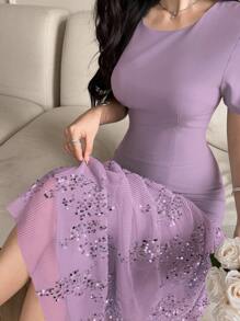 DAZY فستان نسائي أنيق طويل بياقة مستديرة وأكمام قصيرة مرصع بالترتر، فستان سهرة فاخر للنساء في فصل الصيف، فستان كرنفال لامع - الأرجواني - مشاهدة 1