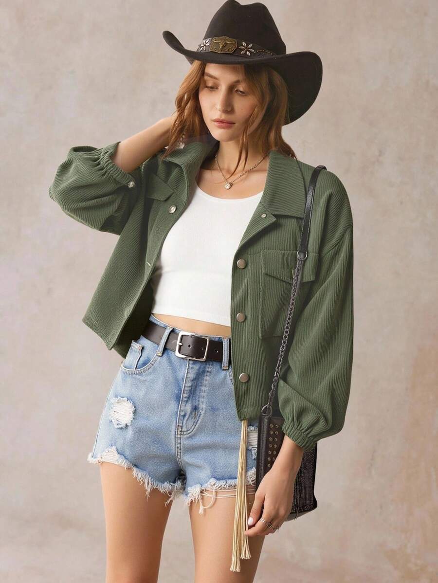 SHEIN LUNE 女士春秋长袖休闲工装口袋短夹克 - 軍綠色 - 查看 1