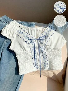 Comfortcana Summer Casual White And Blue Floral Ditsy Floral Cinched Waist Women T-Shirt Vacation - White - View 5