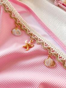 Traje de baño para adolescentes - Tela acanalada rosa con decoraciones de accesorios con criaturas acuáticas, conjunto de ropa de baño