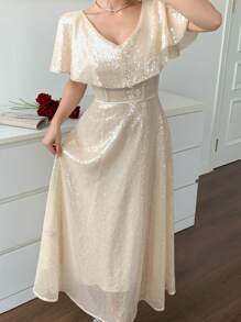 DAZY 女士中长款V领荷叶边袖亮片连衣裙，派对风格婚礼女士礼服，奢华舞会礼服，优雅女士连衣裙，新年女士服装，嘉年华闪亮连衣裙 - 杏色 - 查看 6