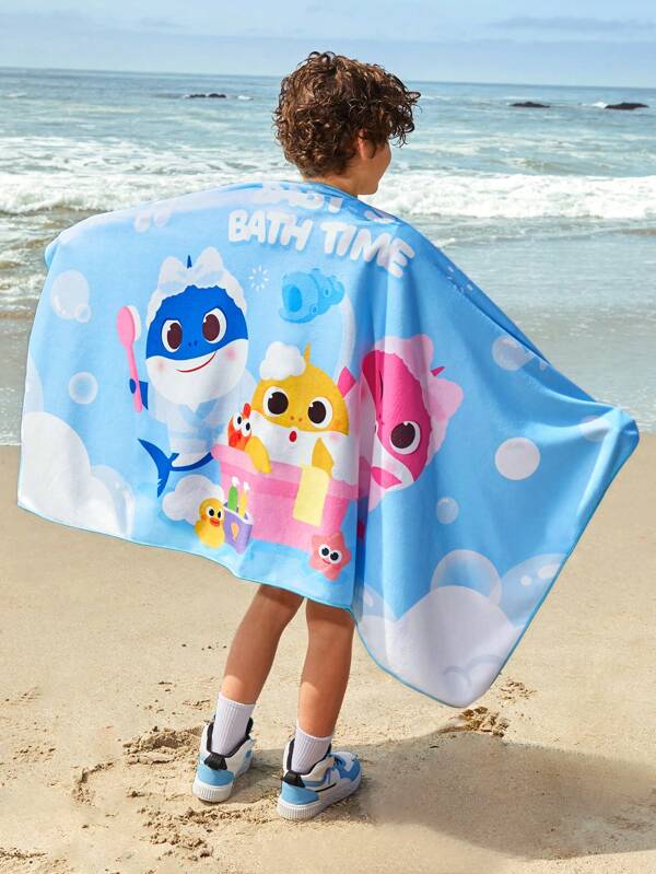 BABY SHARK X SHEIN 1pc Cute Cartoon Shark Pattern Soft Absorbent Bath Towel, Unisex, Ocean Cartoon Design, Shark Father & Shark Mother