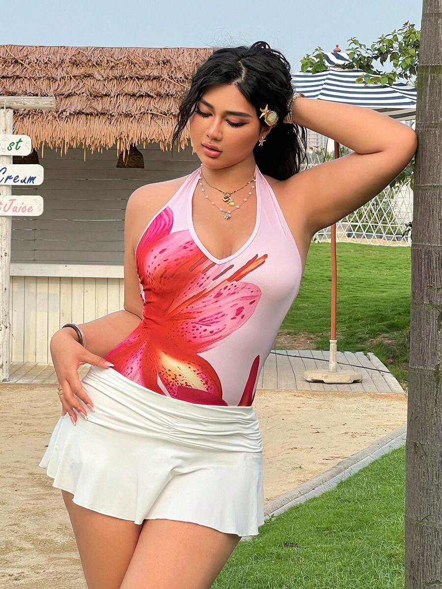 SHEIN EZwear 大码夏季花卉深V领紧身衣 - 粉色 - 查看 1