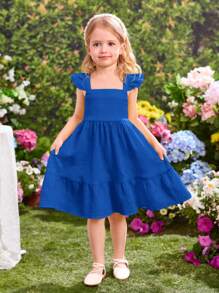 SHEIN Young Girl Summer Vacation Ruffle Trim Cap Sleeve Yellow Mini Dress - Blue - View 6