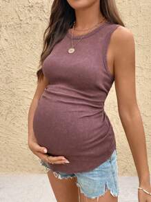 SHEIN 孕妇纯色圆领罗纹修身背心 - 粉色 - 查看 1