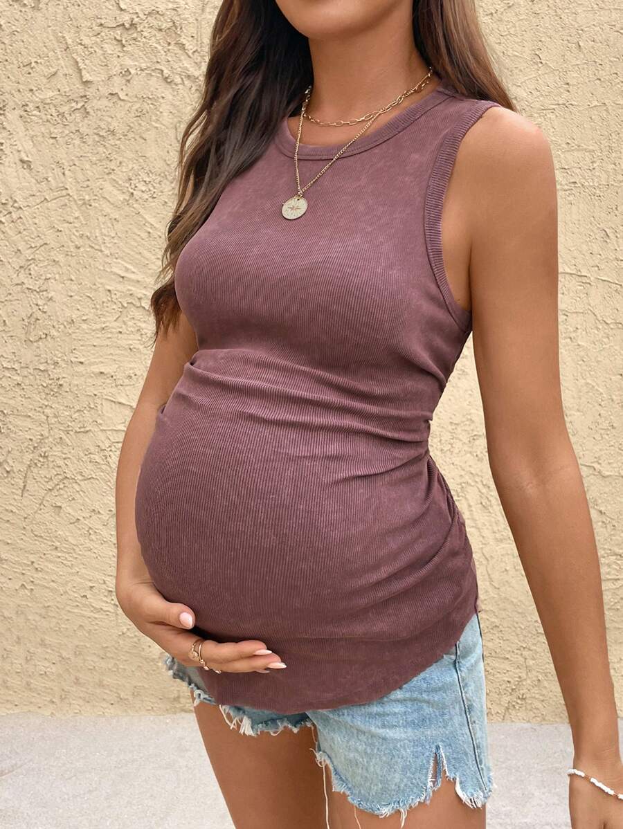 SHEIN 孕妇纯色圆领罗纹修身背心 - 粉色 - 查看 1