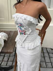 Sunnyshic Top de tirantes bordado con estampado floral elegante sin espalda