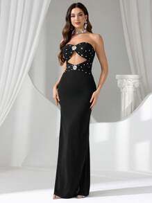 Coutiva Women's Luxurious Rhinestone Decor Strapless Party Dress Deep V-Neck Backless Mermaid Hem Split Evening Gown,Formal Black Sequin Wedding Guest - Black - View 4