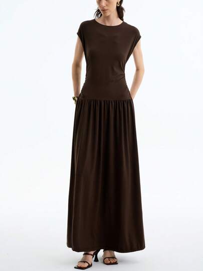 Aalyst Vestido casual de mujer tipo boho de punto liso con cuello barco, mangas cortas, cintura baja y cordón, adecuado para salir, citas y vacaciones, verano