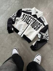 PAVTROS Manfinity Streetrush 男士撞色字母印花短款飞行员夹克，Y2K 拉链图案街头服饰，嘻哈街头风，男友礼物，秋季款 - 黑與白 - 查看 8