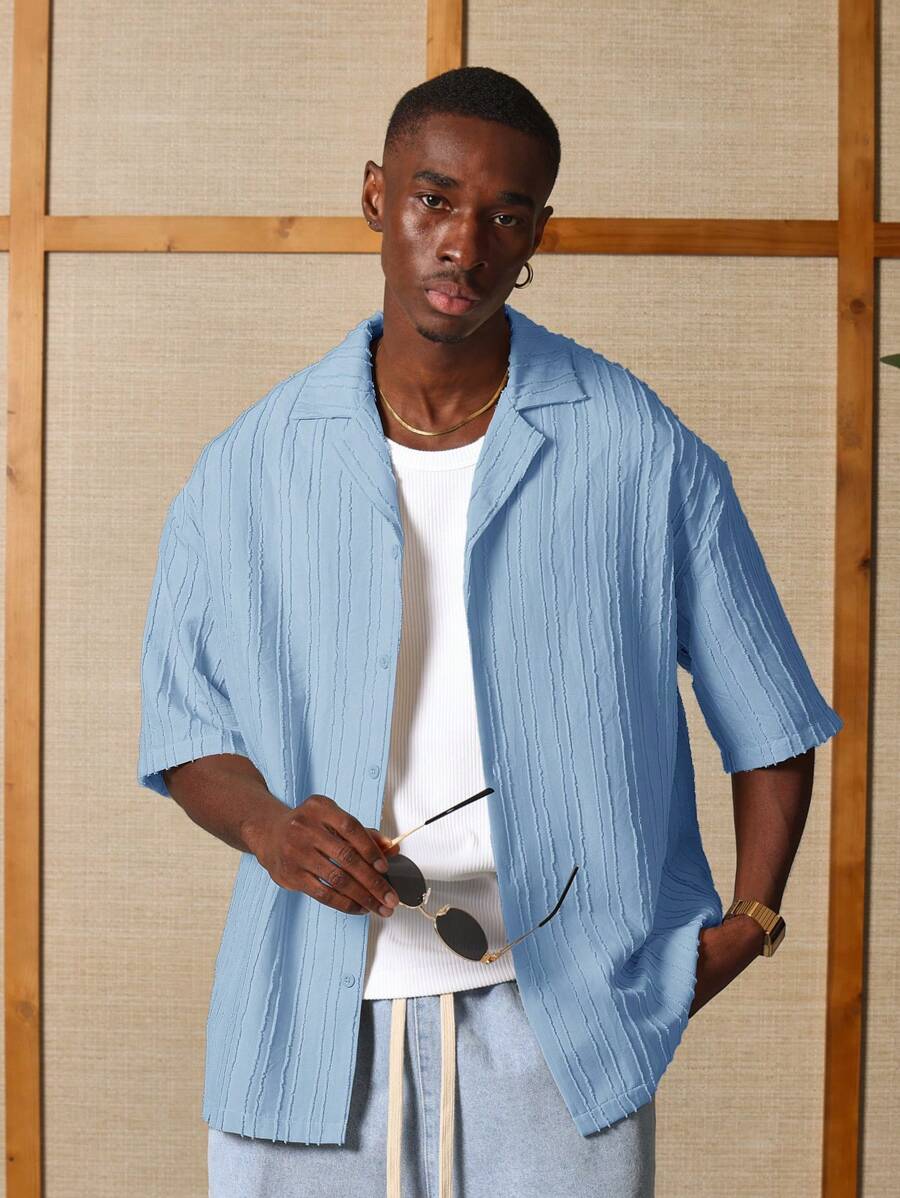 SUMWON Chemise texturée coupe régulière, manches courtes, légère pour l'été, décontractée, pour les vacances et la plage, chemise à boutons - Bleu azur - Voir 1