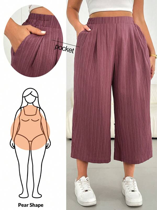 SHEIN Essnce Damen Große Größen Mode Frühling und Sommer lässig, locker, bequem, cool, alltäglich, vielseitig, Texturgewebe, elastischer Bund, rosa weite Bein Hose 3/4 lang, Damen Unterteil, fließende Hose, simpler Stil, europäischer Sommer, Caprihose, Urlaubsoutfit Frau