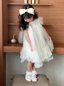 DAZY Young Girls Round Neck Sequin & Mesh Layered Formal Party Birthday Dress,Girls Summer Outfits - Apricot - View 7