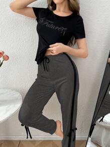 DUSKBASE 2pcs Color Block Print Fitted Short Sleeve Top And Bow Decor Pants Pajama Set - Dark Grey - View 3