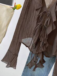 INAWLY Women's Solid Color Minimalist Daily V-Neck Pleated Ruffle Tie Blouse