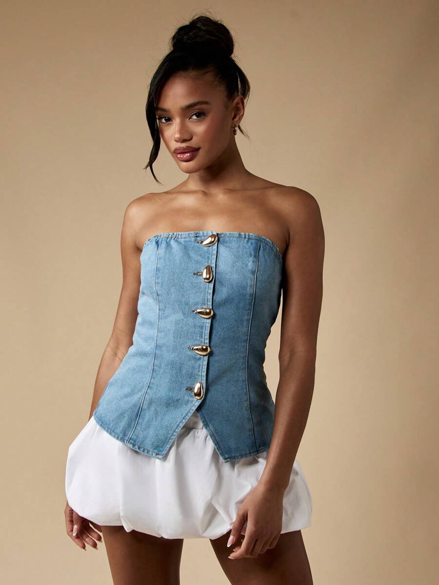 MISSGUIDED Áo corset cạp cao không dây bằng vải denim có nút vàng, phong cách phương Tây, lễ hội mùa hè, vừa vặn không đối xứng - Màu xanh lam - Xem 1