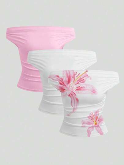 Flirla 3件套大码夏季休闲露肩性感T恤