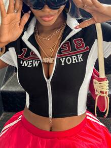 INAWLY Áo thun crop top hai tông màu họa tiết letter graphic cho nữ - Đen và trắng - Xem 5