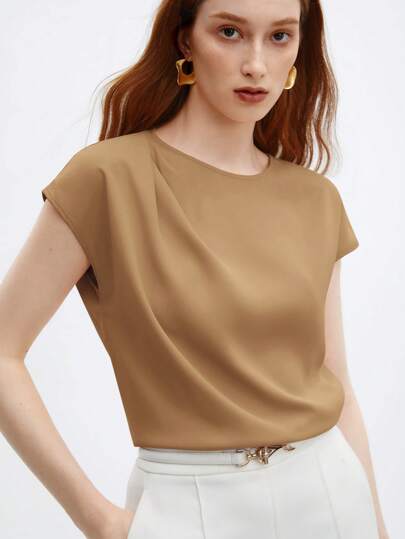 BizChic Women's Solid Color Round Neck Ruffle Decor Puff Sleeve Loose Cap Sleeve Top, Basic Urban Commute Style, Simple Elegant Fashionable Business Casual, Suitable For Teachers And Office Wear