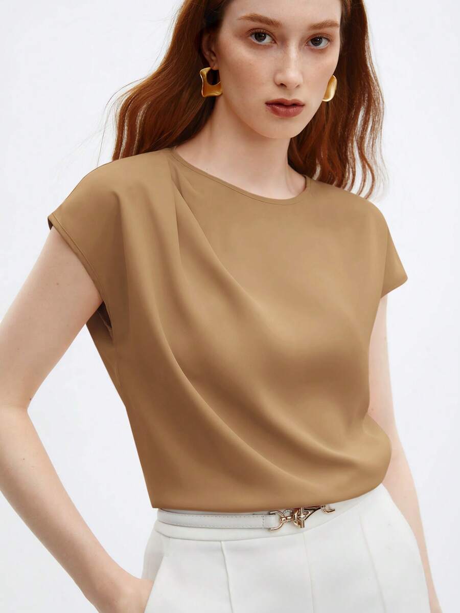 BizChic 女士纯色圆领荷叶边装饰泡泡袖宽松短袖上衣，基础都市通勤风格，简约优雅时尚商务休闲风，适合教师和办公室穿着 - 薑色 - 查看 1