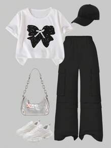 2pcs/Set Tween Girl Casual Stylish Cute Bow Embroidered Short Sleeve Top And Multi-Pocket Cargo Pants - Black - View 1