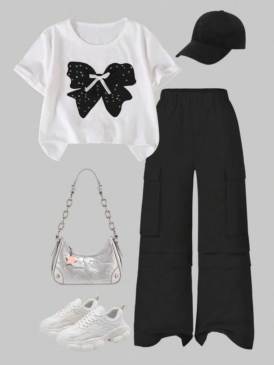 2pcs/Set Tween Girl Casual Stylish Cute Bow Embroidered Short Sleeve Top And Multi-Pocket Cargo Pants - Black - View 1