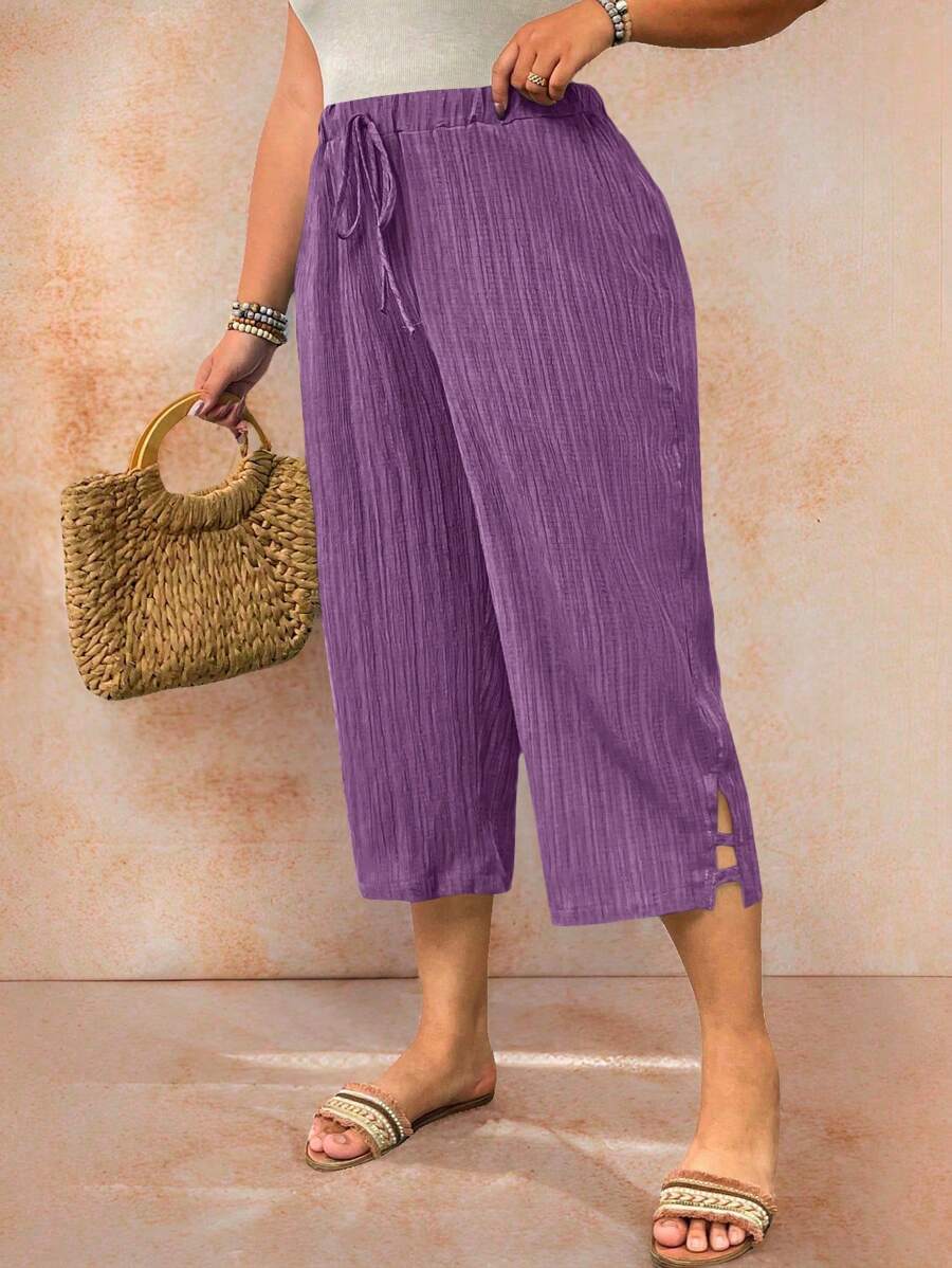 EMERY ROSE Plus Size Solid Color Split Elastic Waist Drawstring Loose Casual Women Pants - Purple - View 1