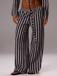 Musera Resort 系带前条纹钩针针织阔腿裤仅限春夏季假期性感波西米亚风伊比沙岛节海滩泳装罩衫狂欢生日婚礼宾客黑色秋季派对冬季 - 黑色 - 查看 3