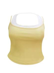 INAWLY Plus Size Summer Casual Contrast Color Sleeveless Top - Yellow - View 3