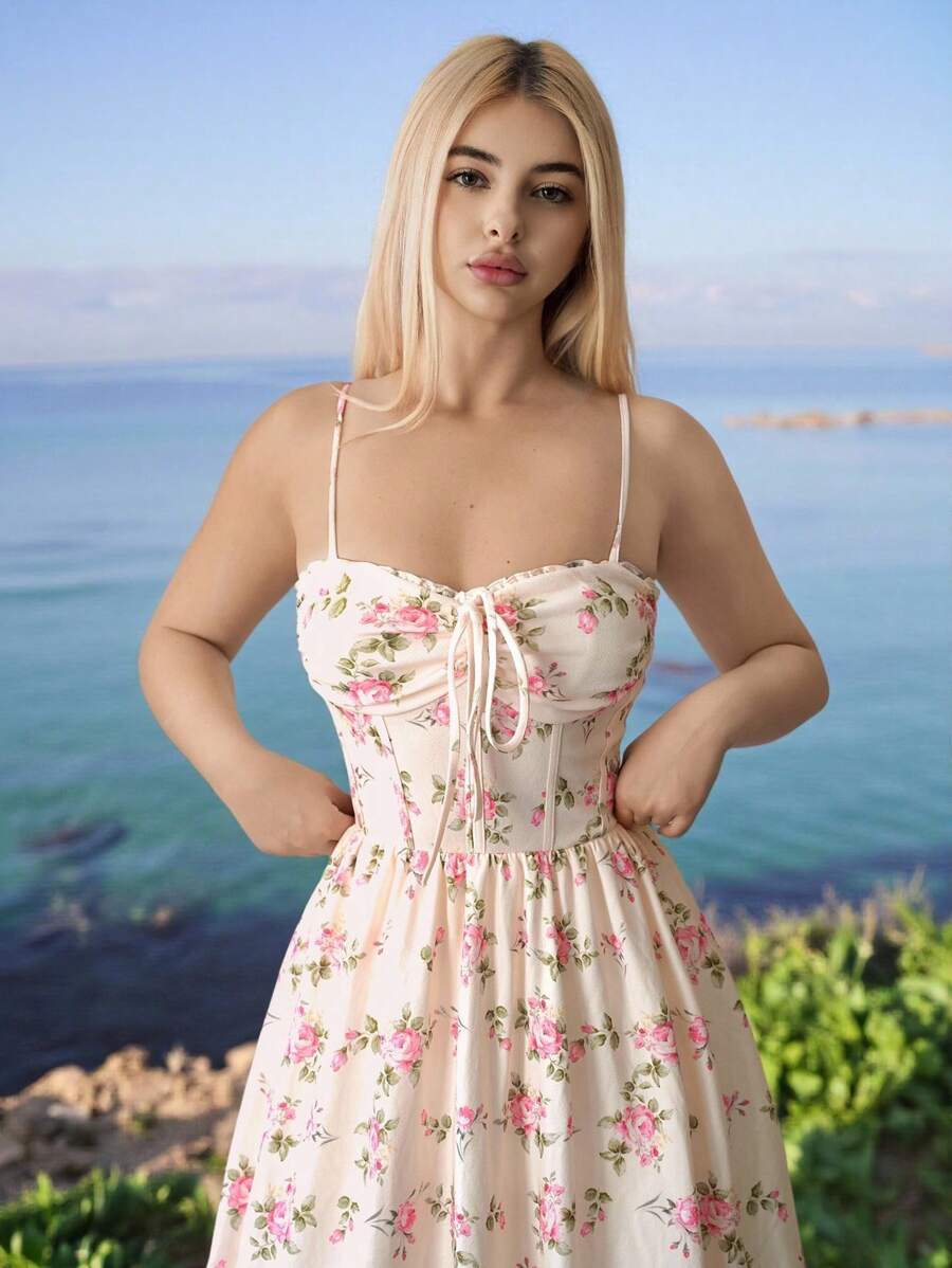 Sweetina Abito estivo da donna con fantasia floreale ditsy, spalline sottili, dettaglio di cucitura a lisca di pesce, senza maniche