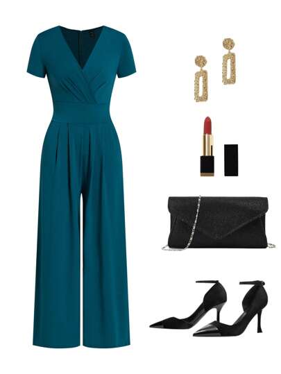 Ellevyn Women's Solid Blue-Green Jumpsuit Short-Sleeved Pleated Wide-Leg Pants V-Neck Overlap Elegant Social Daily Slim Fit Business Casual Woman Christmas Clothes Women