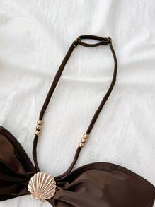SHEIN Teen Girls Brown Summer Elegant Vacation Metal Shell Beaded Halter High Waisted Tummy Control ,Summer Beach Seashell Bikini Brown High Waist Bikini - Coffee Brown - View 9