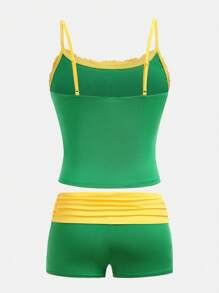 Girlism TEENGIRL 夏季撞色字母印花运动修身吊带背心和短裤两件套，牙买加图案印花套装，运动休闲套装