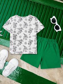 TEENAGE MUTANT NINJA TURTLES X SHEIN Set da 2 pezzi, maglietta a girocollo a maniche corte con stampa di cartone animato e pantaloncini per ragazzi giovani
