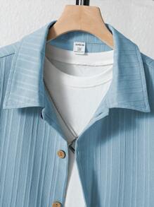 Teen Boy Short Sleeve Solid Color Single-Breasted Top And Shorts Casual 2 Pieces Set, School, Campus, College - Baby Blue - View 5