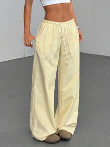 TRNVIE Pantalones rectos de pierna de cintura baja con cordón de algodón rosa, ropa casual de moda para el hogar para mujer, temporada de primavera