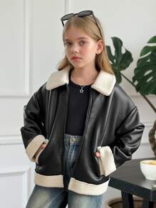 SHEIN 少女秋冬街头时尚PU复合面料保暖内衬撞色领机车夹克，适合秋冬季日常穿着